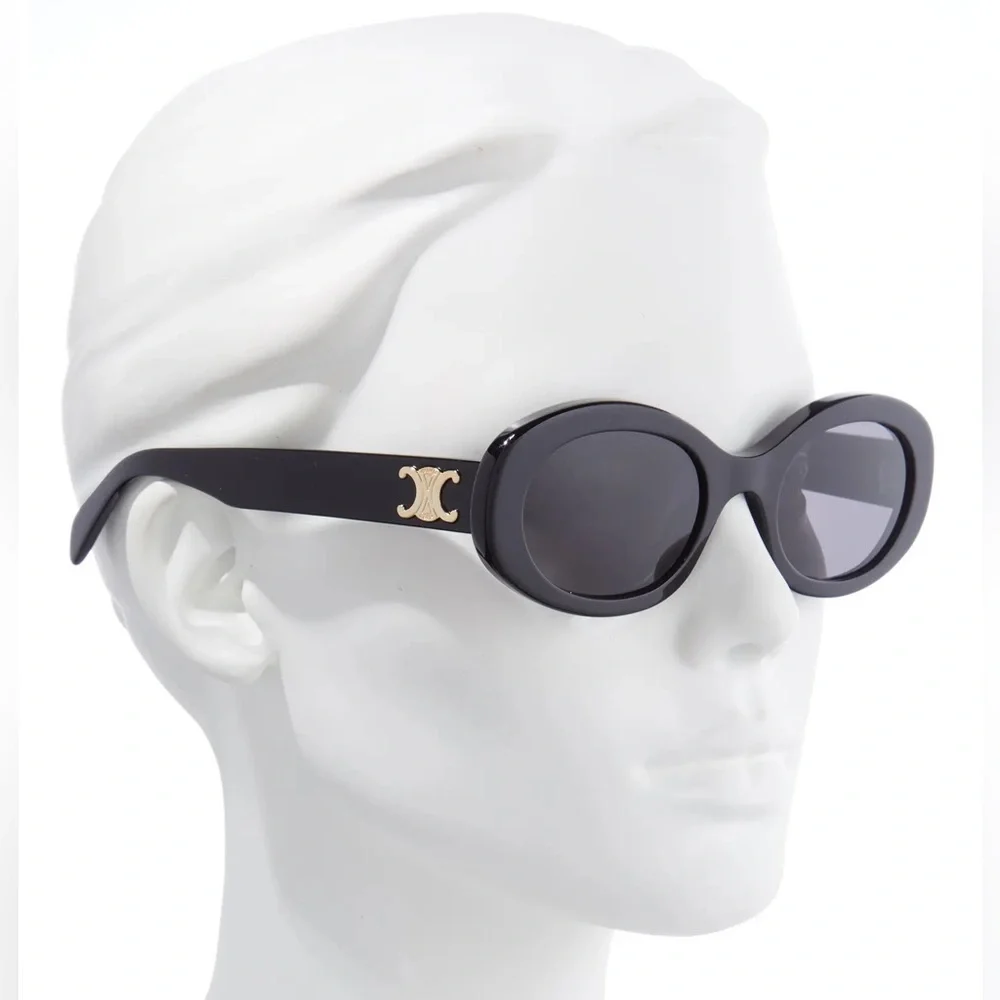 Celine 52mm Triomphe Oval Sunglasses in Shiny Solid Black Smoke